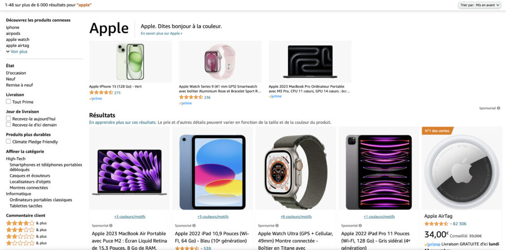 La recherche sur Amazon pour le mot clef Apple en France