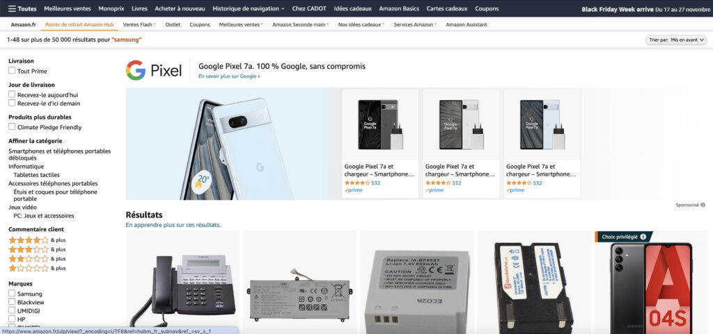 La recherche sur Amazon pour le mot clef Samsung en France