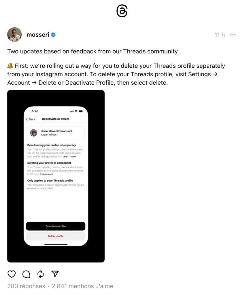 Dans les réglages, Threads permettra bientôt de supprimer son compte.