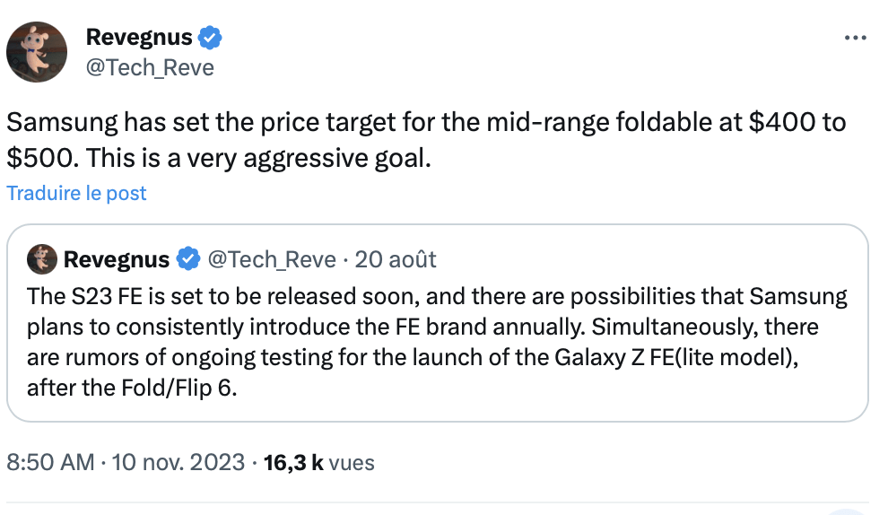 Le tweet dans lequel Revegnus spécule sur le prix du Z Flip FE.