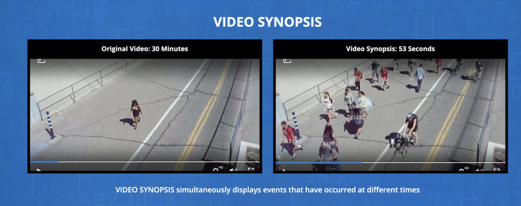 La vidéo originale à gauche, celle générée par une IA à droite. L'heure de passage apparaît sur chaque personne filmée.