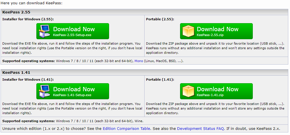 The KeePass download page.  // Source: Numerama