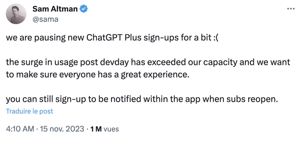 Sam Altman, le patron d'OpenAI, a annoncé avoir arrêté les inscriptions.