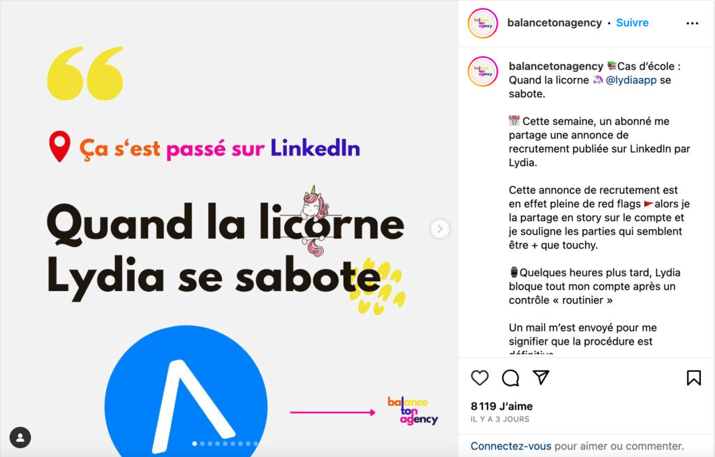 La publication sur Instagram de Balance Ton Agency // Source : Balance Ton Agency