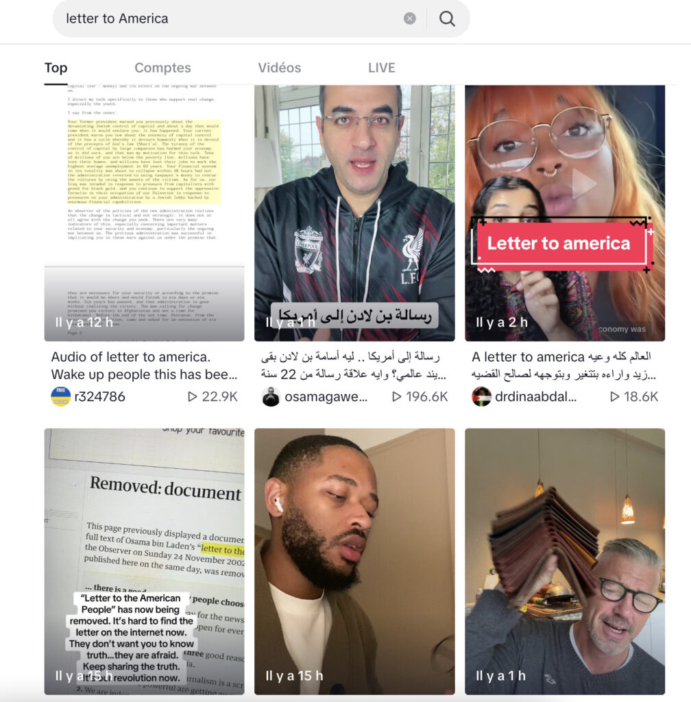 Les résultats d'une recherche "letter to america" sur Tiktok // Source : Capture d'écran du 16 novembre 2023