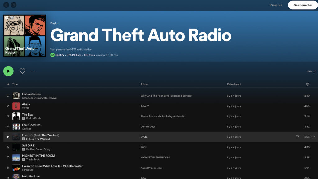 Station de radio GTA sur Spotify // Source : Rockstar Games