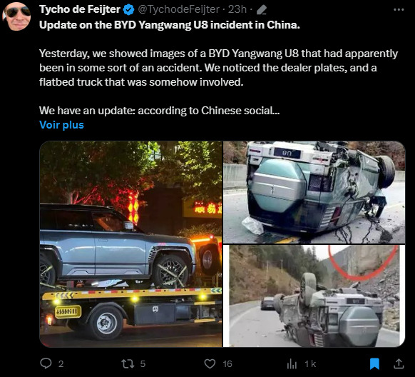 Retour sur l'incident du YangWang U8 // Source : @TychodeFeijter sur X 