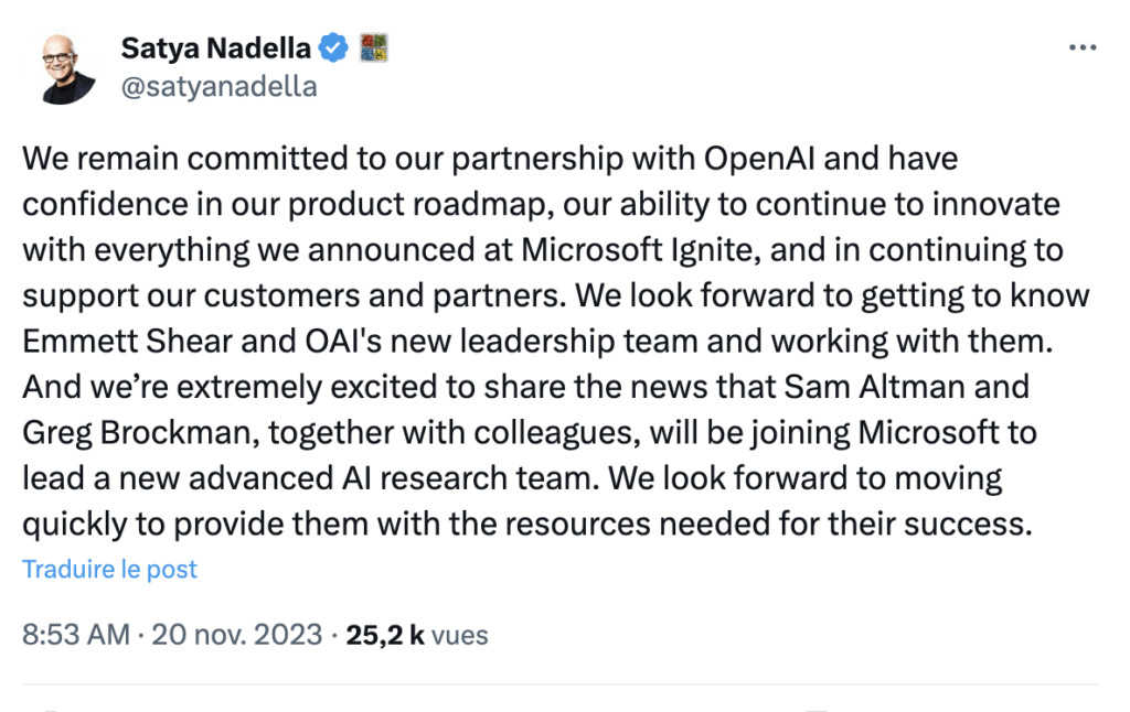 Satya Nadella annonce l'arrivée de Sam Altman chez Microsoft.