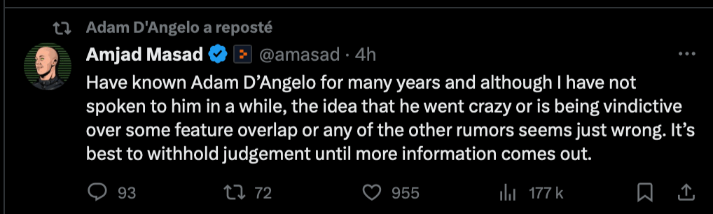 Adam D'Angelo ne tweete pas, mais il a partagé ce tweet.