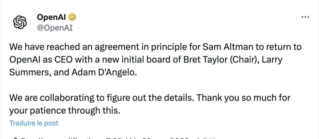 OpenAI annonce le retour de Sam Altman.