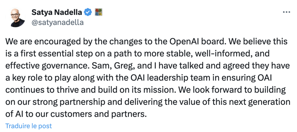 Satya Nadella s'est félicité du retour de Sam Altman chez OpenAI, après avoir promis qu'il allait l'embaucher.