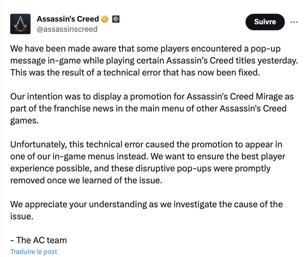 La réponse officielle d'Assasins's Creed.