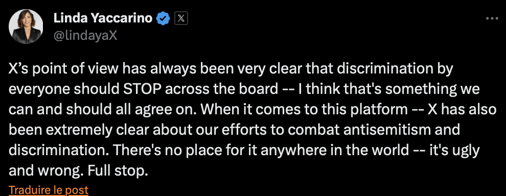 Linda Yaccarino, la CEO de Twitter, tente de rassurer sur les positions de Twitter contre l'antisémitisme et le racisme. Mais ses messages ne sont pas suffisants.