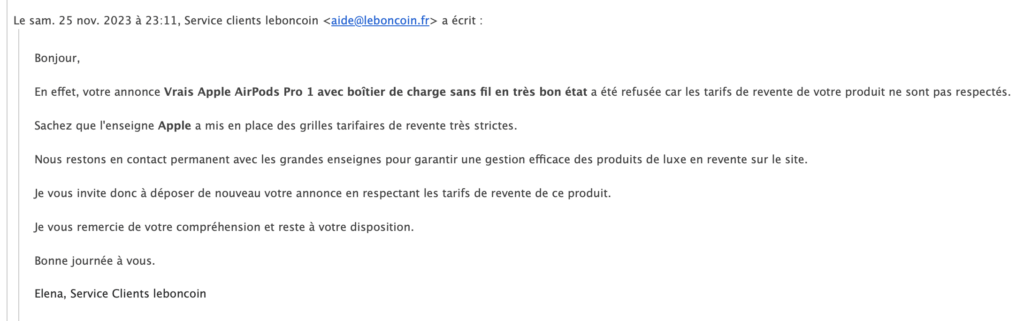 Un des mails envoyés par le service client de Leboncoin.