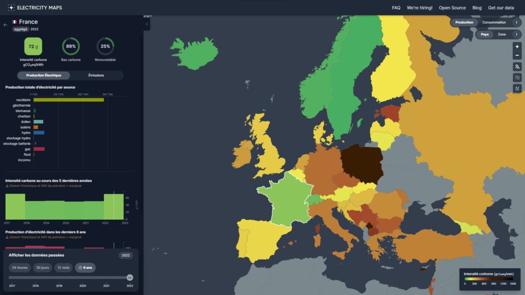 Carte des émissions CO2 pour la production électrique // Source : electricitymaps.com