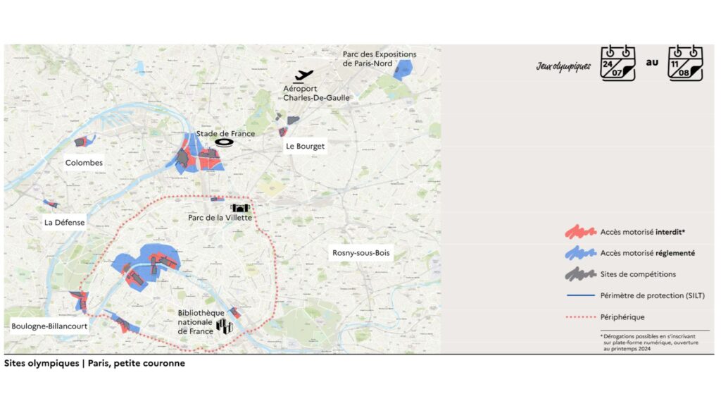 Périmètres autour des sites olympiques à Paris. // Source : Ministère de l'Intérieur