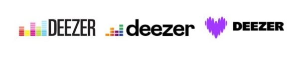 Les trois logos de Deezer. Le nouveau est à droite.