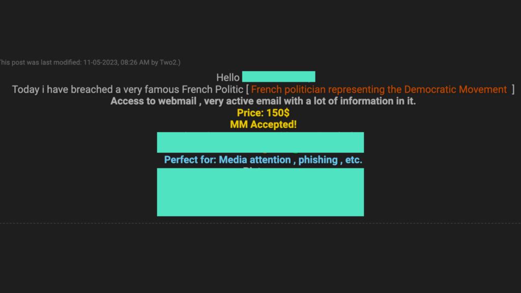 L'annonce de vente d'information sur un forum de hacker. // Source : Numerama