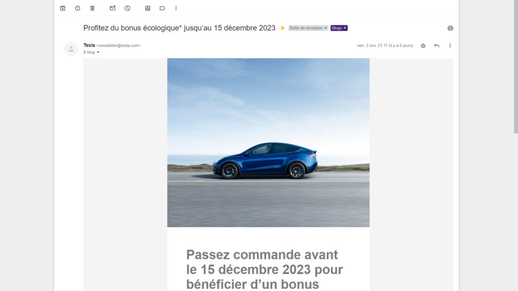 email commrcial envoyé par Tesla pour le bonus // Source : Capture d'écran 