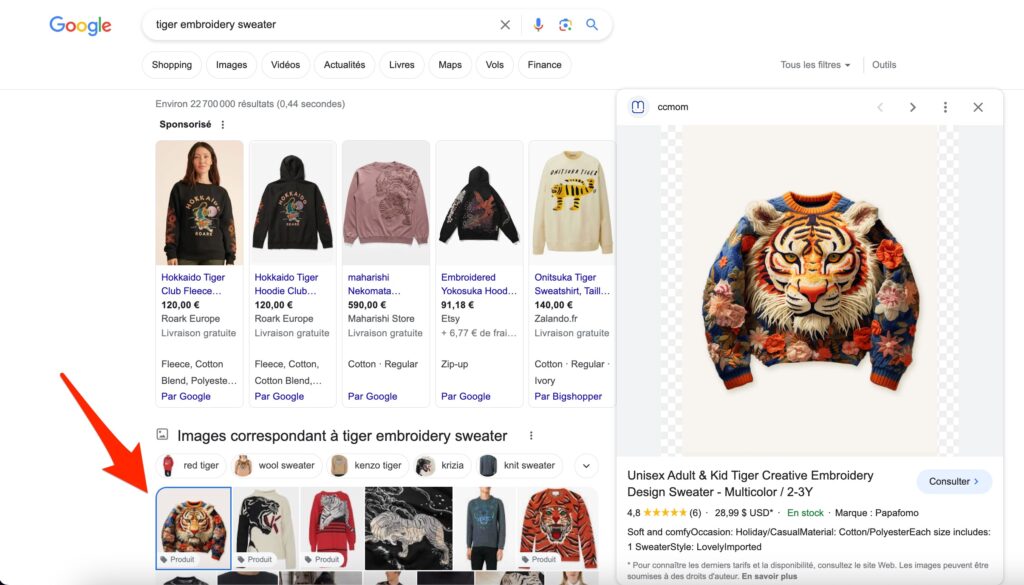 Un exemple d'annonce Google Shopping pour un pull généré par Midjourney // Source : Capture d'écran Numerama