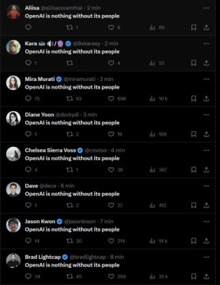 Tweets de soutien des employés d'OpenAI. Tweets de soutien des employés d'OpenAI.