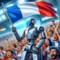 Un robot avec un drapeau français dans un stade de football. // Source : Numerama avec Dall-E 