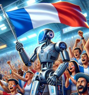 Un robot avec un drapeau français dans un stade de football. // Source : Numerama avec Dall-E 