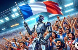 Un robot avec un drapeau français dans un stade de football. // Source : Numerama avec Dall-E 