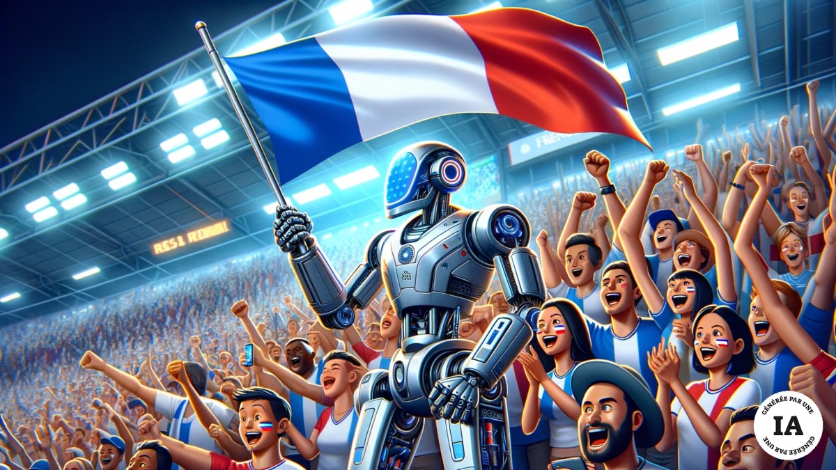 Un robot avec un drapeau français dans un stade de football. // Source : Numerama avec Dall-E 