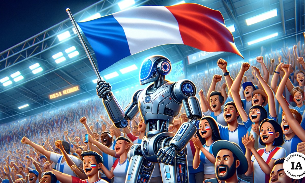 Un robot avec un drapeau français dans un stade de football. // Source : Numerama avec Dall-E 