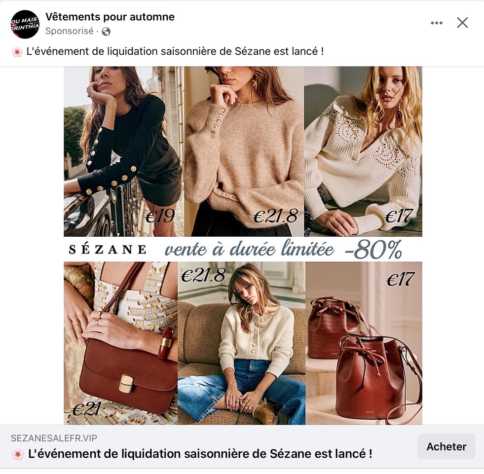 Une pub pour un faux-site Sézane. // Source : Numerama