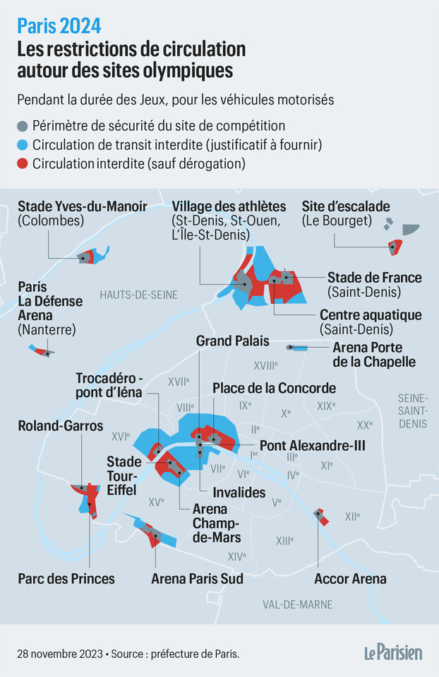 Carte des zones de restrictions pendant les JO. // Source : Le Parisien