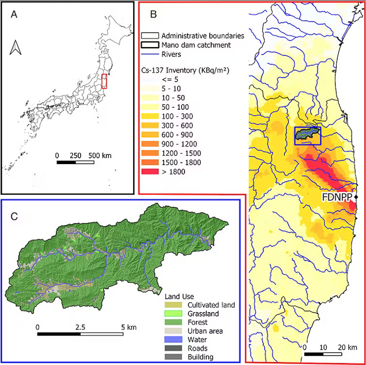 Location of the study area (map A), reconstruction of the initial cesium 137 fallout (map B), and land use of the studied watershed (map C).  // Source: R. Vandromme et al., PNAS