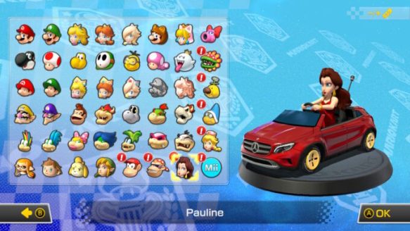 Tous les personnages proposées dans Mario Kart 8 Deluxe version 3.0. Il y a aussi des variants, comme les couleurs de Yoshi.