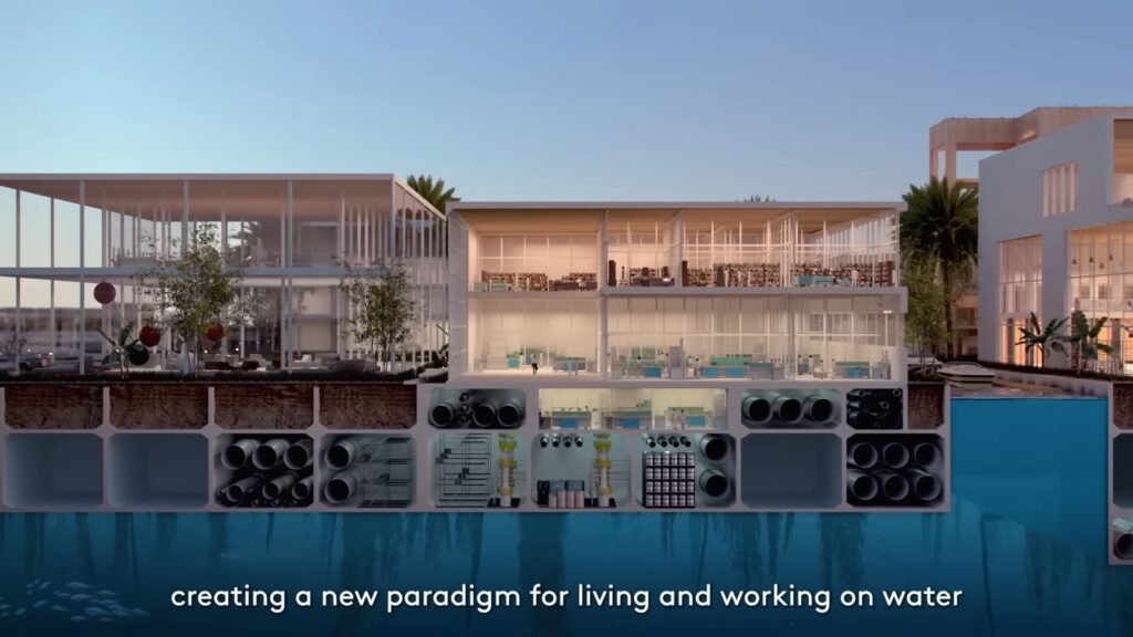 I pannelli galleggianti che abbracceranno la futura città di Oxagon // Fonte: YouTube / NEOM