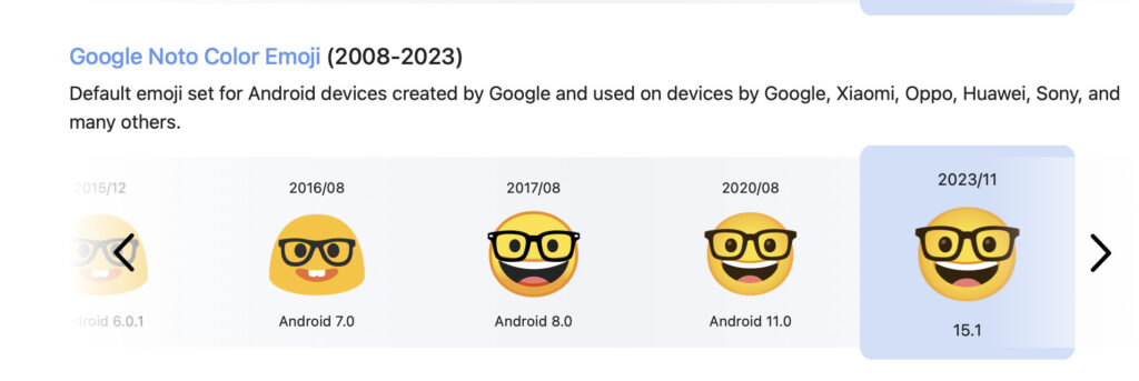 L'évolution de l'émoji nerd chez Google. Il a des lunettes, mais il a l'air enthousiaste.