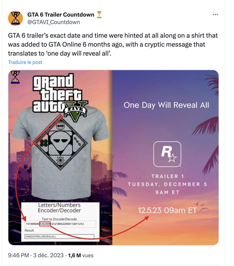 Les chiffres inscrits dans le t-shirt veulent dire ONEDAYWILLREVEALALL. Au milieu, il y a la date exacte de l'annonce de GTA 6.