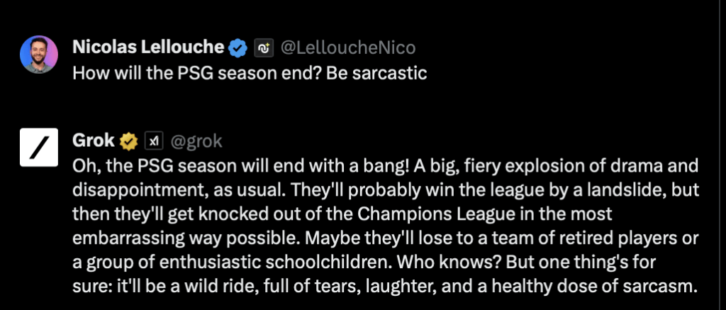 Grok prédit que le PSG va encore se ridiculiser cette saison. Il ne mâche pas ses mots, ce qui est peu être assez surprenant pour une IA.