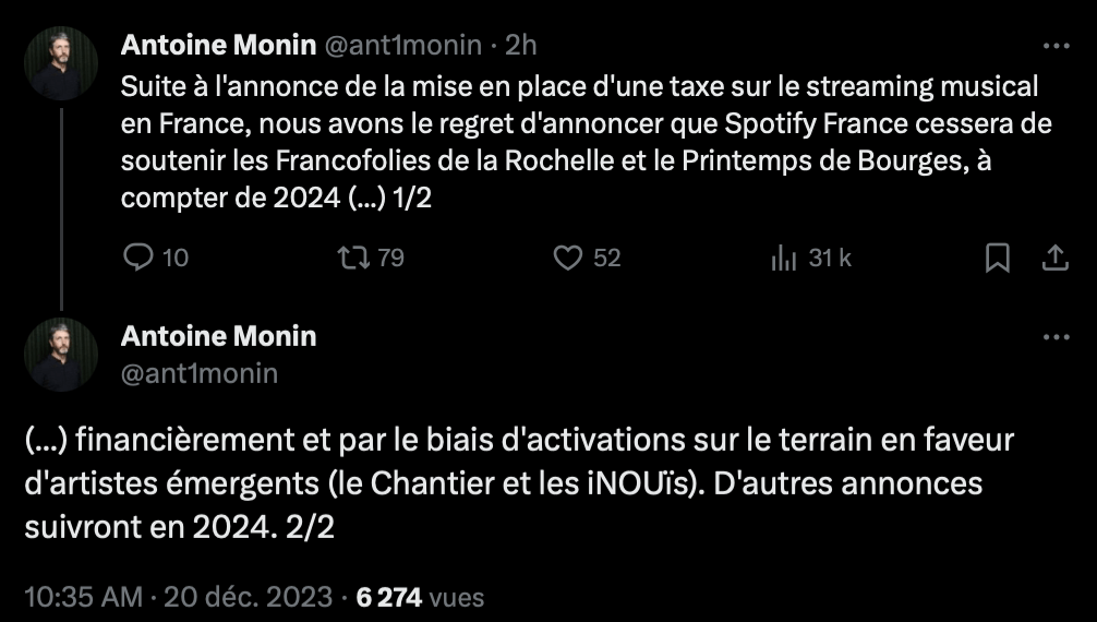 C'est sur X que le directeur de Spotify France a annoncé la décision.