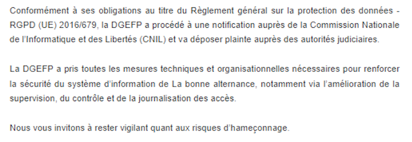 Le signalement envoyé aux personnes concernées. // Source : Ministère du travail