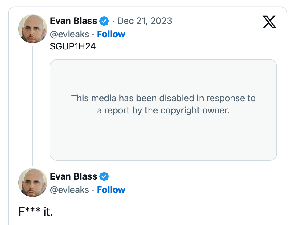 Le tweet d'Evan Blass a été supprimé par Samsung.