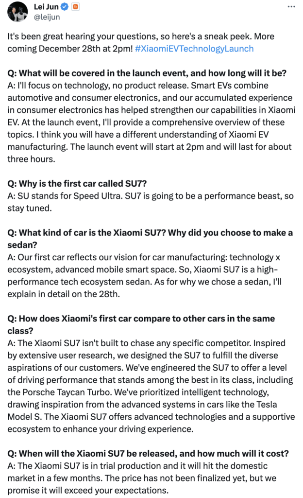 Le tweet de Lei Jun, le patron de Xiaomi, qui officialise l'arrivée de la SU7.