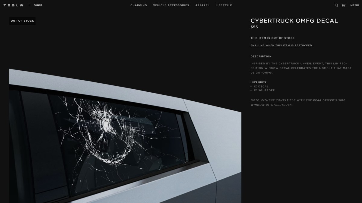 Autocollant OMFG Cybertruck sur la boutique Tesla // Source : Capture site Tesla