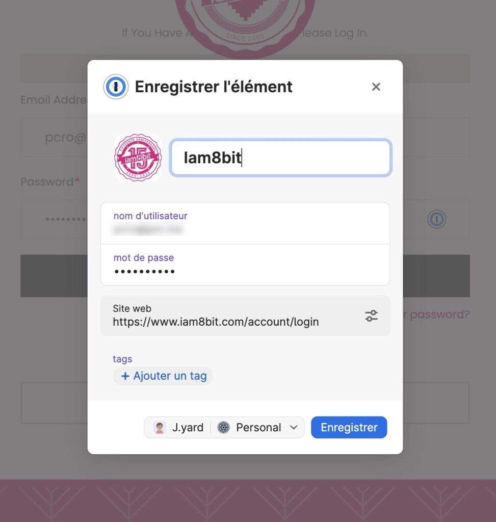 1Password vous propose d’enregistrer un nouvel identifiant s’il ne le connait pas déjà. // Source : Capture d'écran
