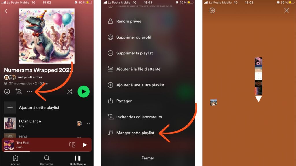 Manger cette playlist, étape par étape. // Source : Captures d'écran Spotify sur iOS, annotations avec Canva