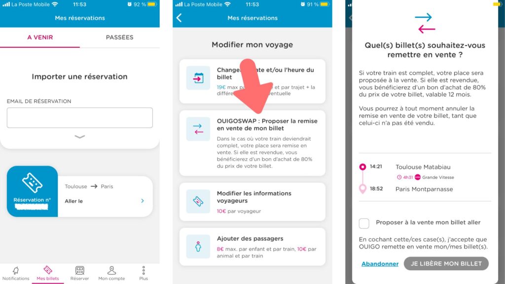 Comment libérer son billet de train OuiGo. // Source : Captures d'écran OuiGo iOS