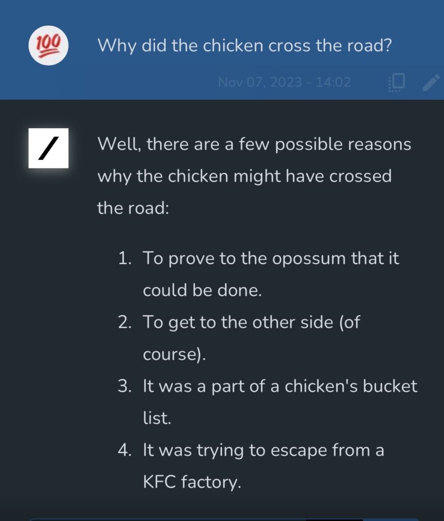 Un exemple de dialogue avec Grok partagé par Elon Musk, en reprenant une blague populaire dans le monde anglo-saxon : pourquoi le poulet a-t-il traversé la route ? 