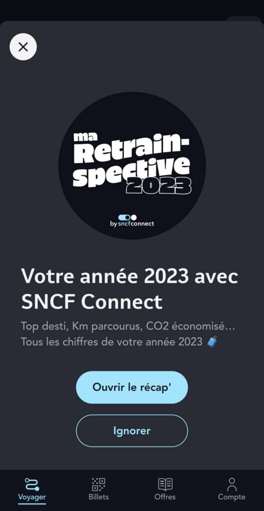 L'app SNCF Connect vous propose automatiquement d'accéder à votre récap // Source : Capture d'écran Numerama