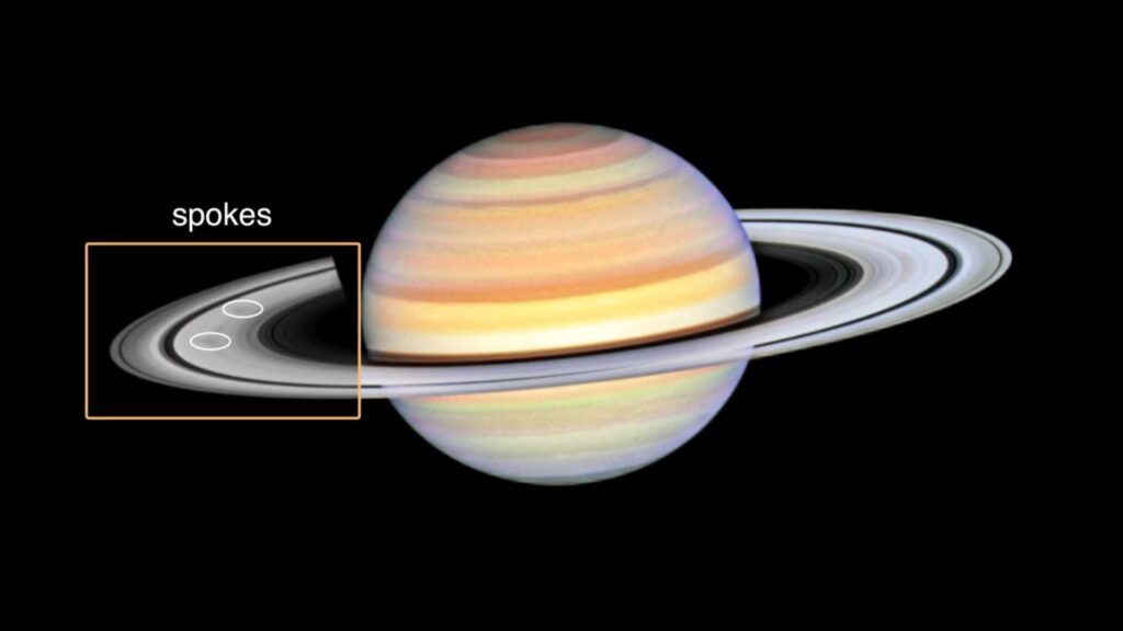 Les fameux rayons d'anneaux ou « spokes » visibles dans les anneaux de Saturne // Source : Nasa