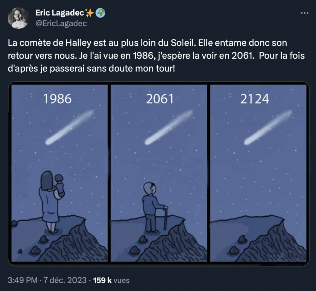 Tweet de l'astrophysicien français Eric Lagadec au sujet de la comète de Halley. // Source : Via X @EricLagadec
